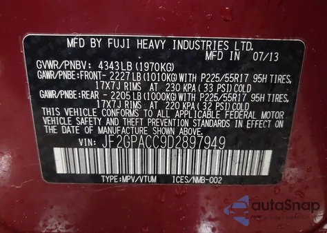 2013 Subaru Xv Crosstrek 2.0I Premium z USA, uszkodzony, nr VIN JF2GPACC9D2897949